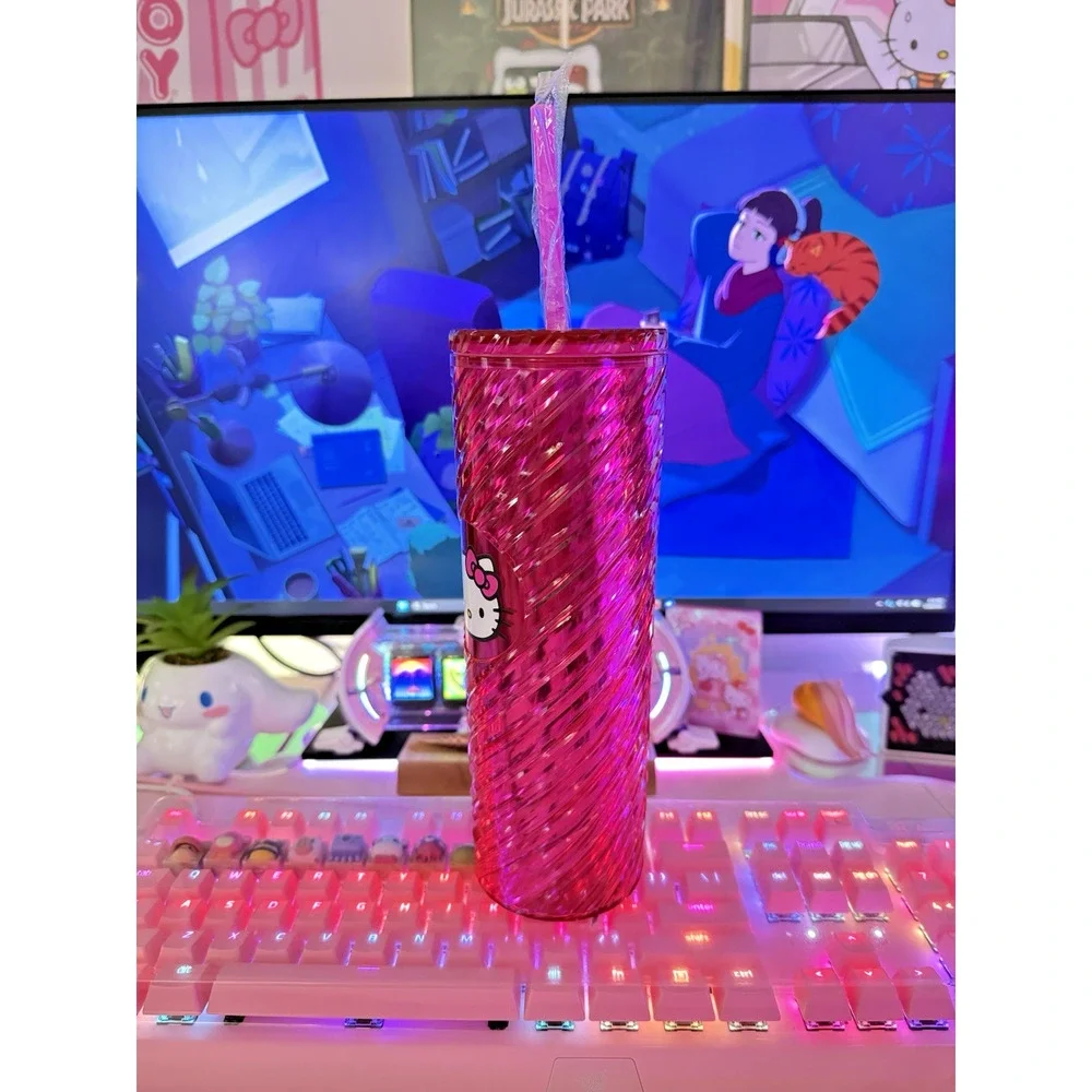 Hello Kitty Swirl Tumbler Lid Straw Shiny Metallic Spiral Plastic Pink Sanrio